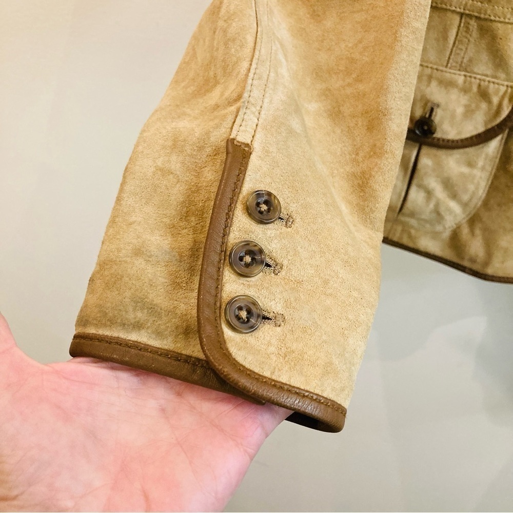 EDDIE BAUER SZ L Seattle Suede Vintage Tan Brown Trim Pockets Back Slits Jacket - Picture 4 of 16